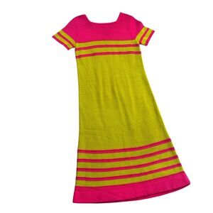 Vintage 60s Majestic Striped Maxi Dress Knit Pink Green Short Sleeve Square Neck